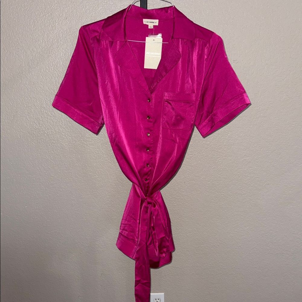 ee:some Fuchsia Satin Button-Up Romper with Toe Waist and Pockets!! - NWT
